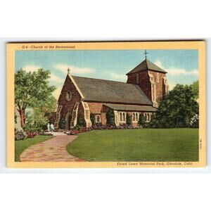 Church Of The Recessional Glendale California Postcard Linen Forest Lawn Park